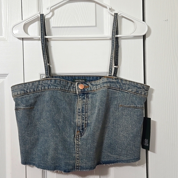 Denim Blue Reworked Cropped Top, Med, Adjustable Straps, Stretch Denim, NWT - Picture 5 of 12